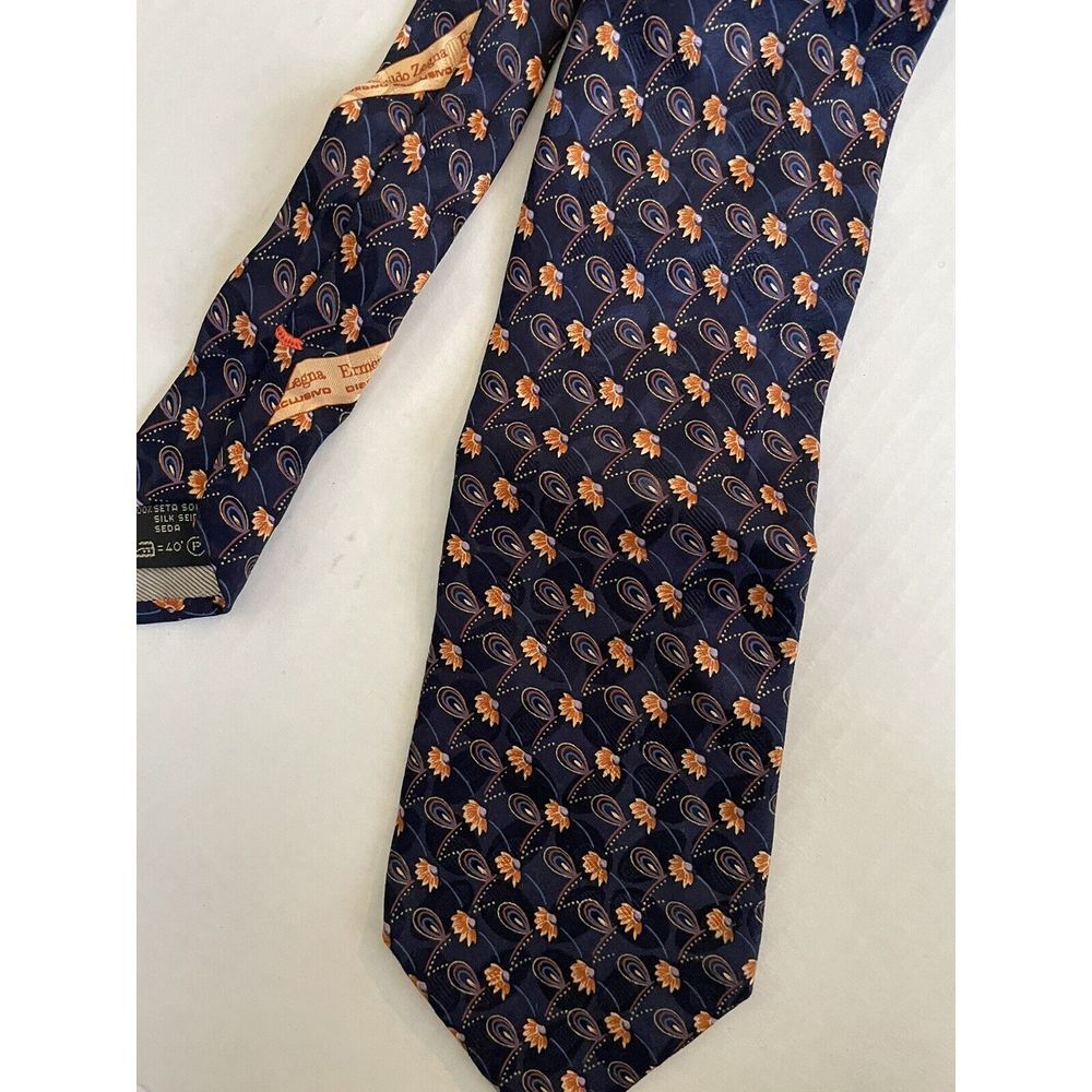 Ermenegildo Zegna Neck Tie‎ 100% Silk Navy Blue Floral Print Mens